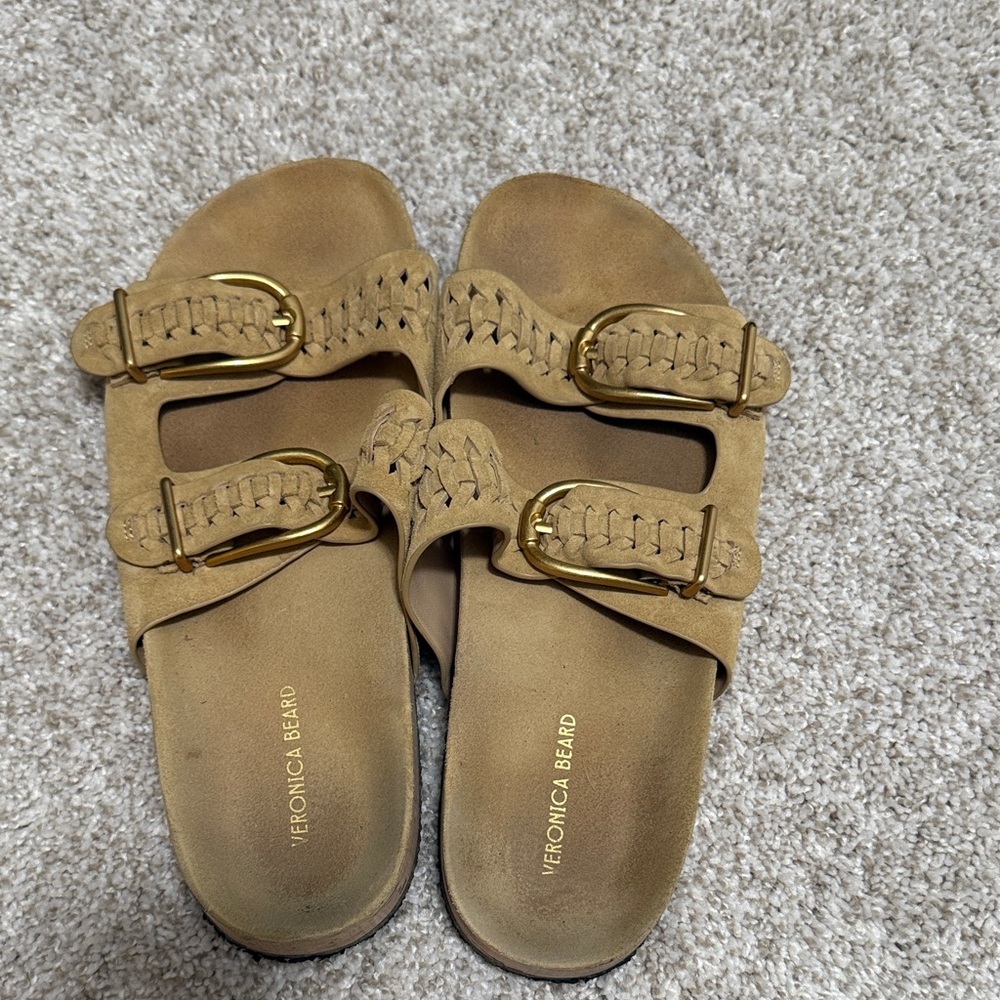 Veronica Beard Tan Suede Braided Double-Buckle Slides